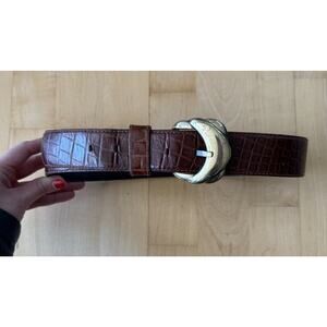 VTG Liz Claiborne Brown Leather Belt Croc Brass Retro Buckle 1” Wide M